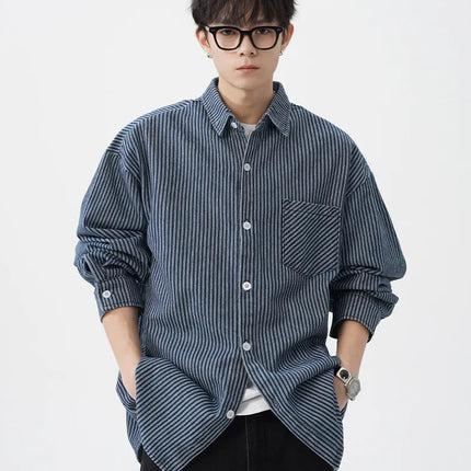 Vintage-Washed Denim Striped Long-Sleeved Shirt for Men Patchwork Design Loose-Fit Casual Shirt