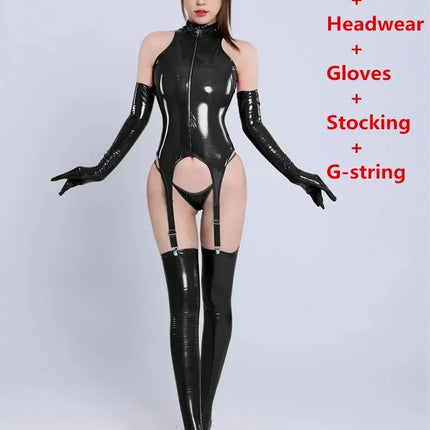 Womens Sexy Erotic Latex Leather Bodysuit Cupless Crotchless Teddy Leather Lingerie Latex Catsuit Fetish Teddies Costume