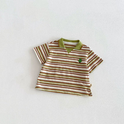 2026 Summer 6M-5Y Childrens Clothes Stripe Contracting Color Korean Style Girls Shirt Cartoon Embroidery Polo Shirt for Girls