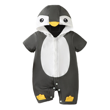 IURNXB Infant Cartoon Penguin Hooded Romper Short Sleeve Baby Boy Girl Onesie Cute Newborn Outfit Summer 1-18M