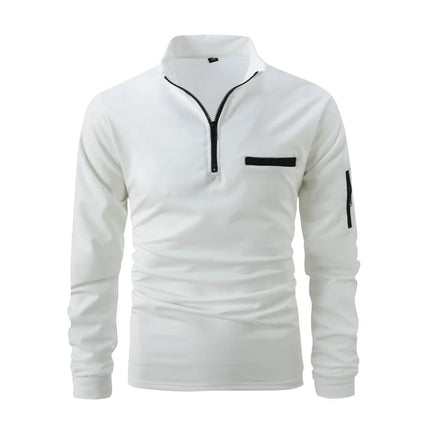Men's stand-collar half-zip long-sleeve polo shirt, new autumn/winter style casual top with trendy and simple pocket detail
