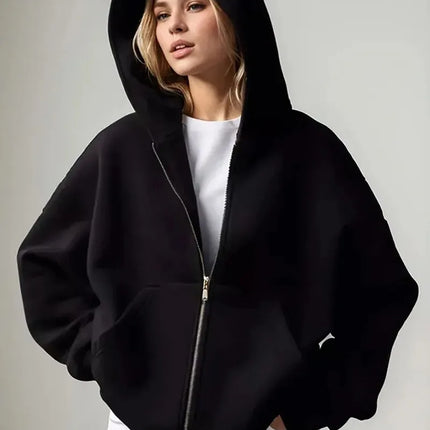 Women Oversized Zip Up Hoodie Solid Black Loose Full Zipper Hooded Sweatshirt Casual Pocket Streetwear Soft Thick Hooded Jacket