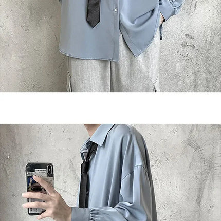 Korean Style Men's Long-sleeved Shirts Black Tie Cozy Casual Solid Oversize Blouses Breathable Loose Shirt Harajuku Male Clothes