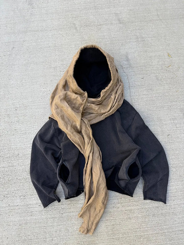 2026 new personalized niche ins style scarf splicing hooded sweater unisex street fashion retro old sweater