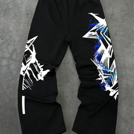 Y2K Abstract Blue Graffiti Geometric Print Mens Baggy Wide Leg Sweat Pants Loose Straight Drawstring Hip Hop Street Joggers