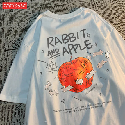 Rabbits Running Around Apples Print Men's Tees Cartoon Breathable T-Shirts Popular Comfort T-Shirt Retro Round Neck Short Sleeved