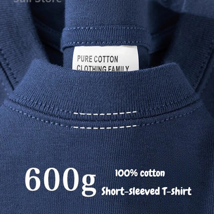 600G Heavy Cotton Short-sleeved T-shirt for Men and Women with The Same Loose Round Neck Simple Navy Blue Bottoming Shirt
