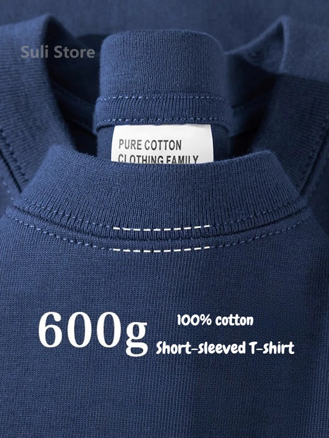 600G Heavy Cotton Short-sleeved T-shirt for Men and Women with The Same Loose Round Neck Simple Navy Blue Bottoming Shirt