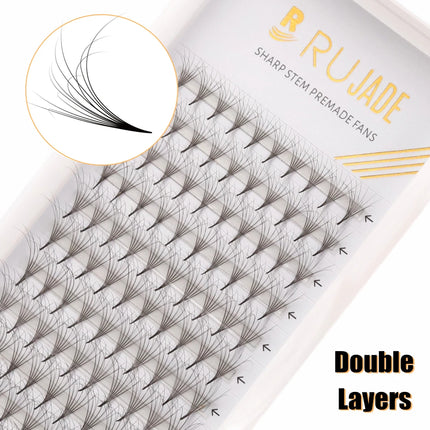 RUJADE Russian Volume Fluffy Layering Fans Eyelash Extensions Double Layers Pointy Base Premade Fans Lashes 9-16mm CC D Curl