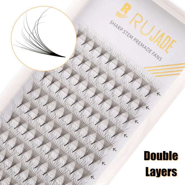 RUJADE Russian Volume Fluffy Layering Fans Eyelash Extensions Double Layers Pointy Base Premade Fans Lashes 9-16mm CC D Curl