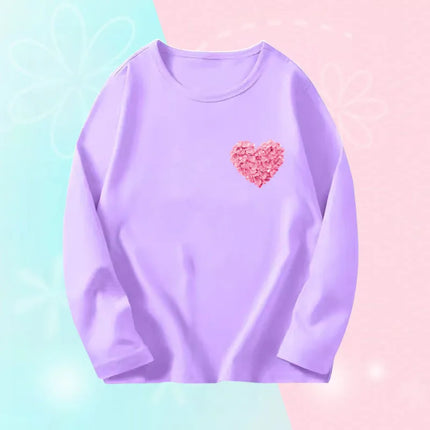 Pink Flower Heart Print Girls T-Shirt Casual White Tops Spring Long Sleeve Kids T-Shirt Kawaii Love Print Tops
