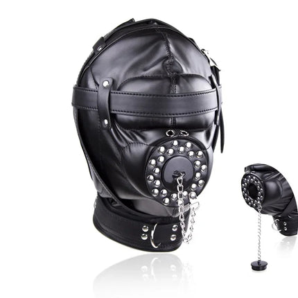 PU Leather Sensory Deprivation Head Harness Headgear Open Mouth Gag Removable Funnel Femdom BDSM Restraint Hood Roleplay