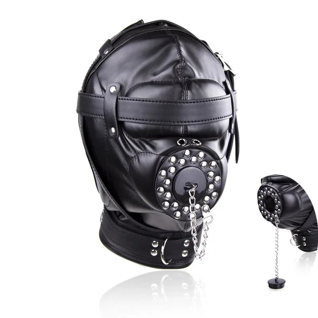 PU Leather Sensory Deprivation Head Harness Headgear Open Mouth Gag Removable Funnel Femdom BDSM Restraint Hood Roleplay