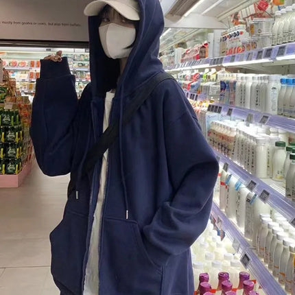 Oversize Women's Sweatshirts Autumn Casual Korean Long Sleeve Hooded Zip-up Y2k Hoodies Streetwear Harajuku Female Clothes Black
