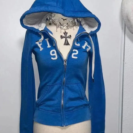 2025 new blue sweatshirt for women fall and winter gothic American retro casual bulk streetwear Y2K design Slim cardigan jacket