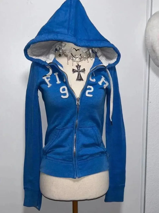 2025 new blue sweatshirt for women fall and winter gothic American retro casual bulk streetwear Y2K design Slim cardigan jacket