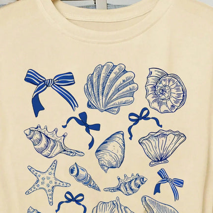 Summer American Retro Y2k Marine Animal Conch Bow Pattern T-shirt Women's Loose Round Neck Streetwear Half-sleeved Top