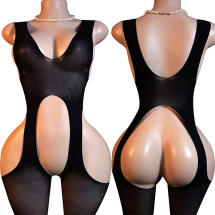 Big Loophole Bodystocking Mesh Sheer Baby Doll Dress Erotic Crotchless Lingerie Women Sexy Bow Fishnet Hollow Babydoll Underwear