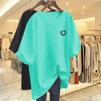 Women's Pure Cotton Smiling Print Basic T-shirt Summer Fashion Casual O-neck Short Sleeve Top Tee Oversized Pullovers