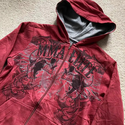 American Y2K New Fashion Joker Gothic Print Zipper Hoodie Women Street Hip-hop Retro Fleece Padded Sweatshirt Unisex Punk Hoodie