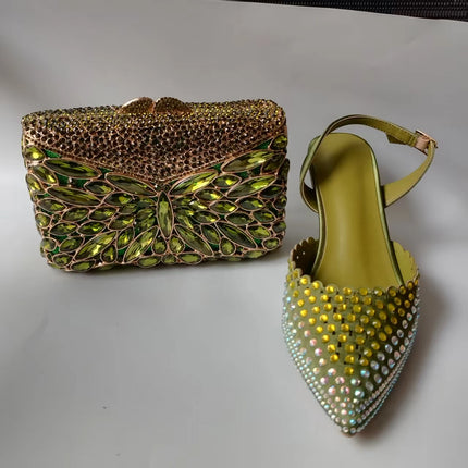INSIGHTLINK Luxury Olive Green Rhinestones Women's Shoe and Bag Set for Party Wedding Crystals Heeled Pumps and Handbag Sandals