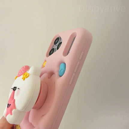 Kawaii 3D Cartoon White Bear Pop Socket Phone Case For iPhone 17 16 15 14 13 Pro Max Soft Silicone Protective Cover