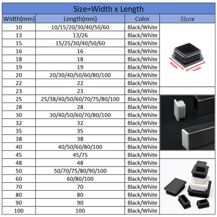 Black Plastic Square Oblong Pipe Plug 13x13mm~100x100mm Insert Table Chair Furniture Foot Cover Anti Slip Blanking End Cap