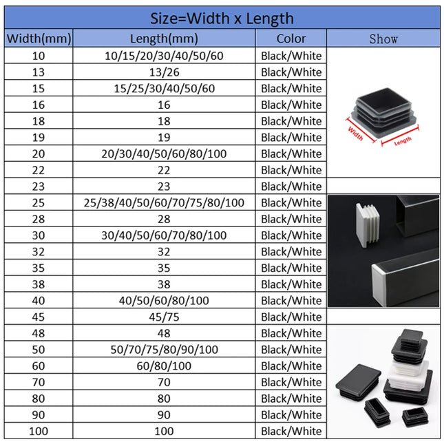 Black Plastic Square Oblong Pipe Plug 13x13mm~100x100mm Insert Table Chair Furniture Foot Cover Anti Slip Blanking End Cap