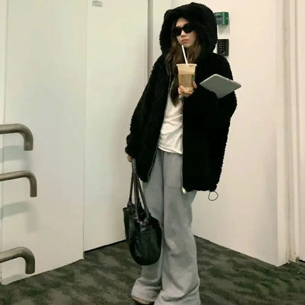 2025 New Cute Girl Little Bear Ears Imitation lamb Wool Zipper Hooded Coat Collection Casual Fashion Versatile Trends Lazy Wind