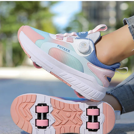Kids Two Wheels Roller Skating Shoes with Light Magic Stick Walking Shoes, Detachable Wheels Roller Skate Shoes for Teenagers