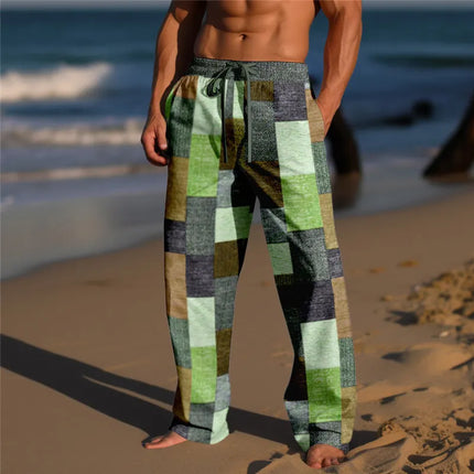 Plaid Color Block Men's Resort 3D Printed Casual Pants Trousers Elastic Waist Fit Straight-Leg Pant Summer Beach Pants