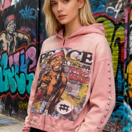 Y2K Aesthetic Pattern Print Hoodie Vintage Punk Gothic Couple Pearl Graffiti 2000s Streetwear