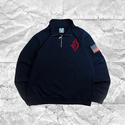Y2K Zip-Up Polo Shirt Couple Style Flag Embroidery Top Retro Harajuku Classic Pullover Casual Loose Oversized Long Sleeve