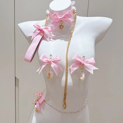 New Pink Bow Nipple Clips Heart-Shaped Gemstone Collar Leash Set with Body Chain Sexy Accessories Anal Plug with Tail Sex Toys