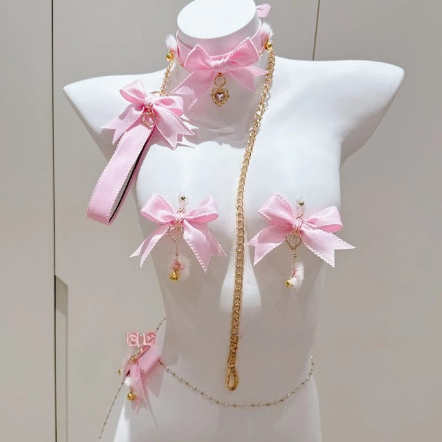 New Pink Bow Nipple Clips Heart-Shaped Gemstone Collar Leash Set with Body Chain Sexy Accessories Anal Plug with Tail Sex Toys