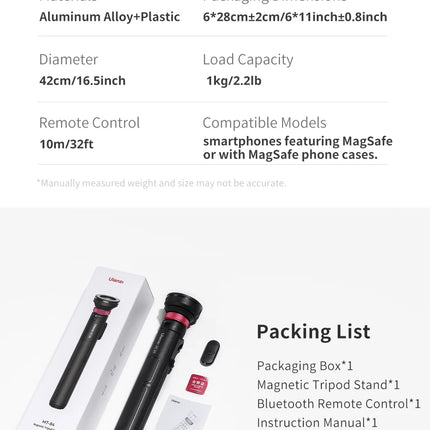 Ulanzi MT-84 1.53m Magnetic Tripod 360° Rotation 10m Remote Control Smartphone Extension Tripod for Selfie Live Streaming Vlog