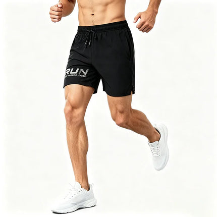 Men Thin Quick Dry Sports Running Shorts Drawstring Waist Side Split Print Gym Workout Fitness Training Walking Short Pants