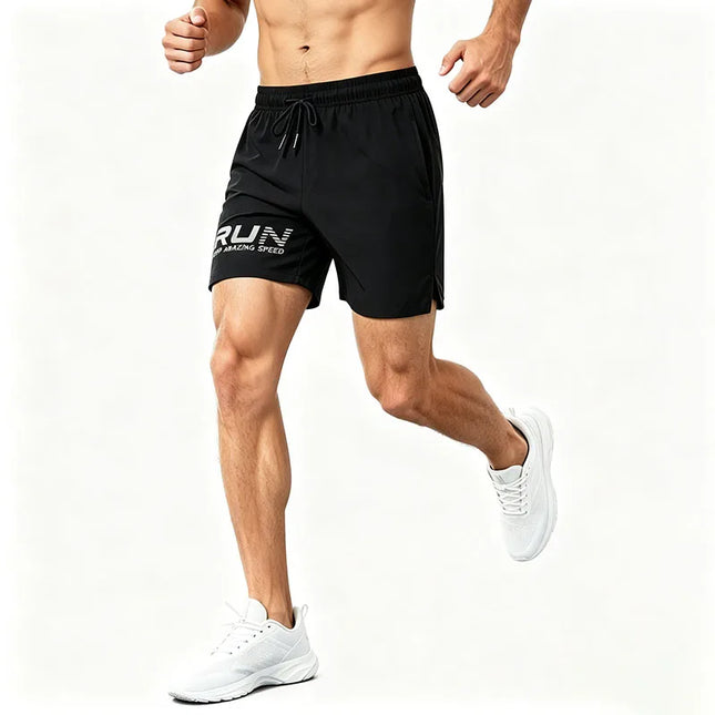 Men Thin Quick Dry Sports Running Shorts Drawstring Waist Side Split Print Gym Workout Fitness Training Walking Short Pants