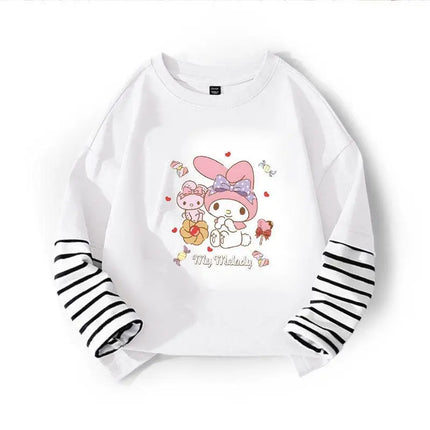 Autumn Baby Girls 100% Cotton Clothes Top Kid Sanrio Cinnamoroll Printed Long Sleeve T-shirts Children Stripe Patchwork Pullover
