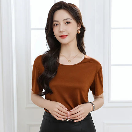 Summer High-End Women's Short Sleeve T-Shirt Acetate Fabric Knitted European Style Thin Hot Selling Top for Ladies