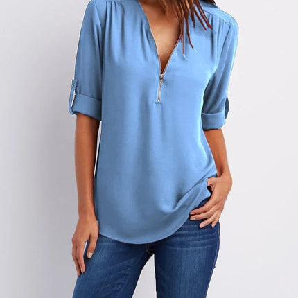 2024 Quality HotSale Plus Size Deep V Neck Women Blouse Chiffon Cool Loose Shirt Fashion Casual Ladies Tops Sexy Zipper Pullover