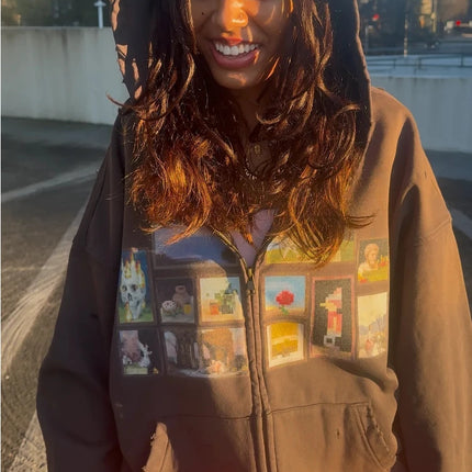 Y2K Retro Gallery Hoodie Brown Pixel Painting Art Pattern Zip Up Sweatshirt Trendy Classic Streetwear Unisex Oversize Clothing
