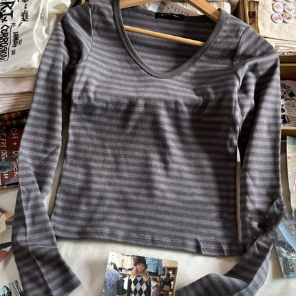 Pink Striped Slim Long Sleeve Tees Women Spring Casual Cotton O-neck Tshirt New Tops Clothes Sweet Cute  Vintage T-shirts Y2K