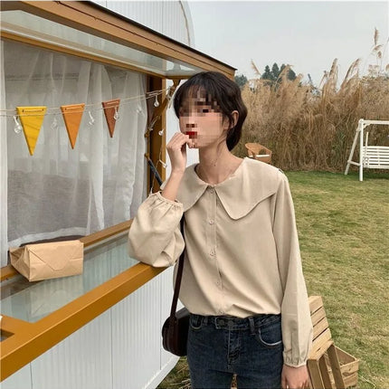 Casual Base Layer Top Autumn Collection Fresh Korean Style Doll Collar New Model Long Sleeve Shirt Women's Top