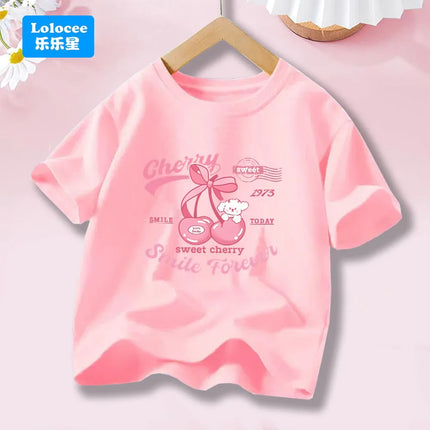 Girls' Fashion Cotton T-shirts with Cherry Fruit Pattern Short Sleeve Girls' Cute Summer Tee Shirts 3-14 Years YT01