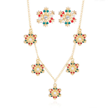 Luxury Zinc Alloy Christmas Jewelry Set Colorful Rhinestone Xmas Dangle Earrings Pendant Snowflake Necklace Women