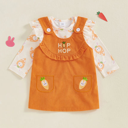 Baby Girl Easter Outfit Bunny Bow Long Sleeve Romper with Overall Dress 2 Pcs Spring Set