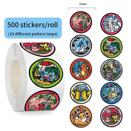 25mm 500Pcs/Roll Pokemon Self-Adhesive Stickers Pikachu Eevee Squirtle Round Decals for Scrapbook Envelope Sealing Craft Gifts