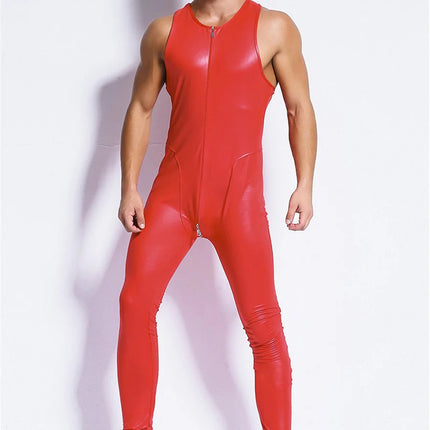 Men Sexy Shiny PVC Faux Leather Bodysuit Front Zipper Open Crotch Wet Look Latex Jumpsuits Stretch Bodystocking Erotic Clubwear
