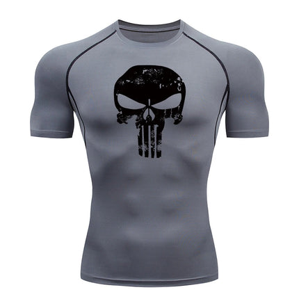 Skull Print Compression Shirts for Men Gym Workout Running Tshirts Sporty Athletic Quick Dry Tees Tops Short Sleeve Rash Guard